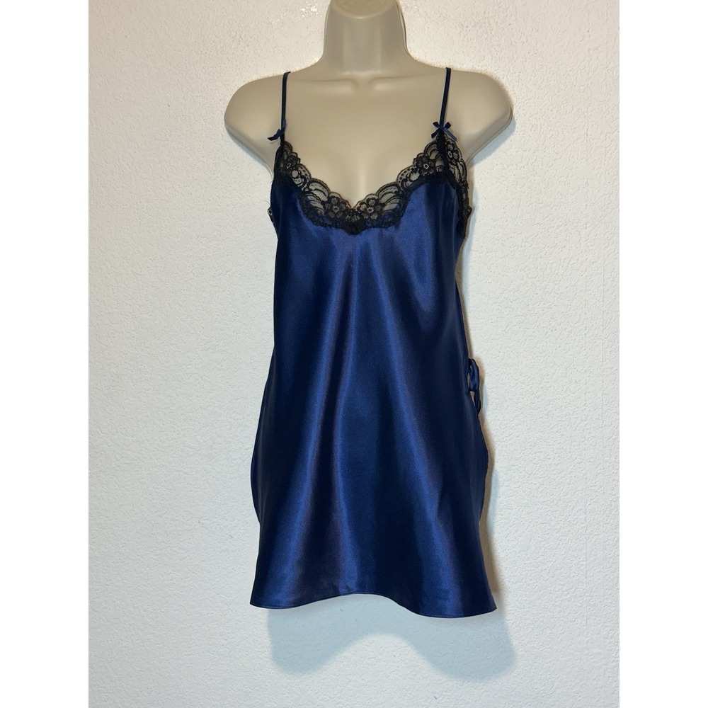 Dreamgirl Blue Shiny Satin‎ Black Lace Tie Sides Nightie Lingerie Medium